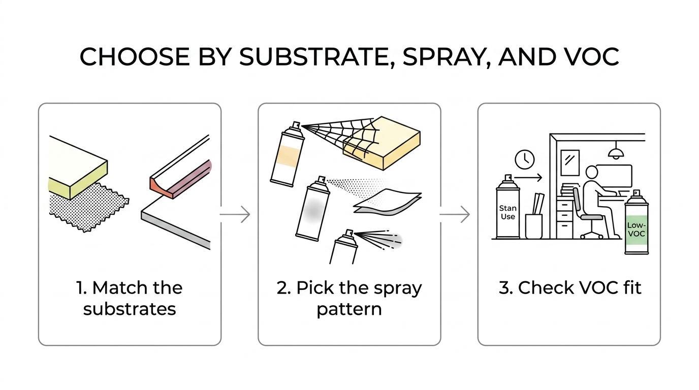 A step-by-step flowchart showing spray adhesive selection moving from substrate type to spray pattern to compliance needs, ending in fabric, foam, and trim adhesive matches.