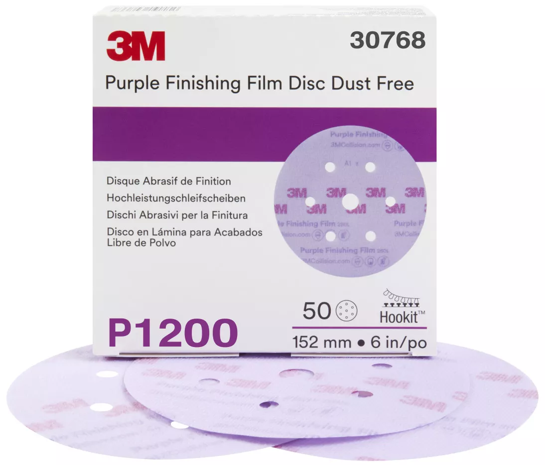 3M™ Hookit™ Purple Finishing Film Abrasive Disc 260L, 30768, 6 in, Dust
Free, P1200, 50 discs per carton, 4 cartons per case