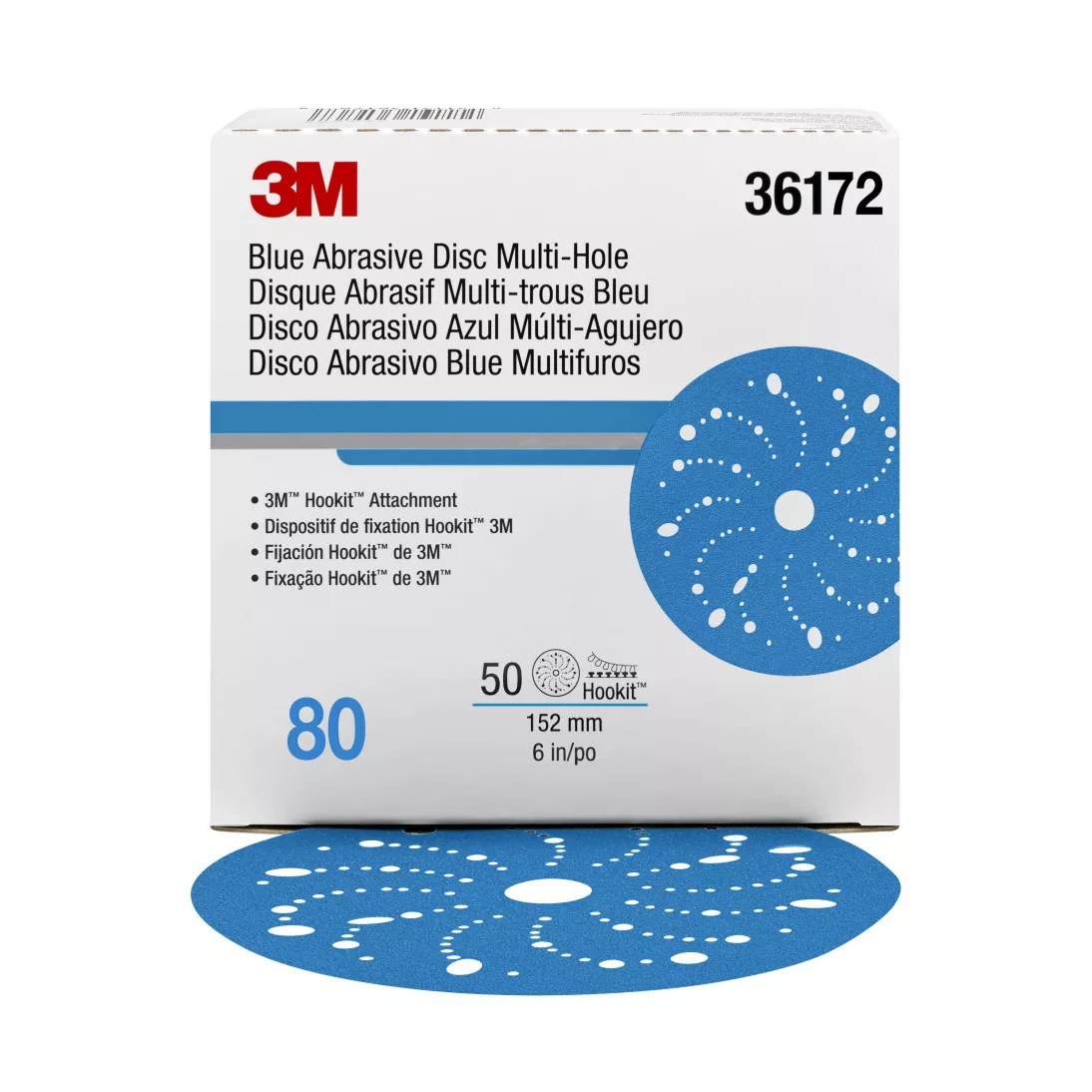 3M™ Hookit™ Blue Abrasive Disc Multi-hole, 36172, 6 in, 80 grade, 50
discs per carton, 4 cartons per case