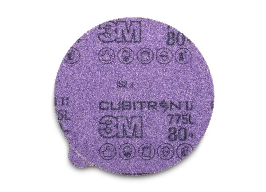 3M™ Cubitron™ II Stikit™ Film Disc 775L, 80+, 5 in x NH, Linered w/Tab,
Die 500X, 50 per inner, 250 per case