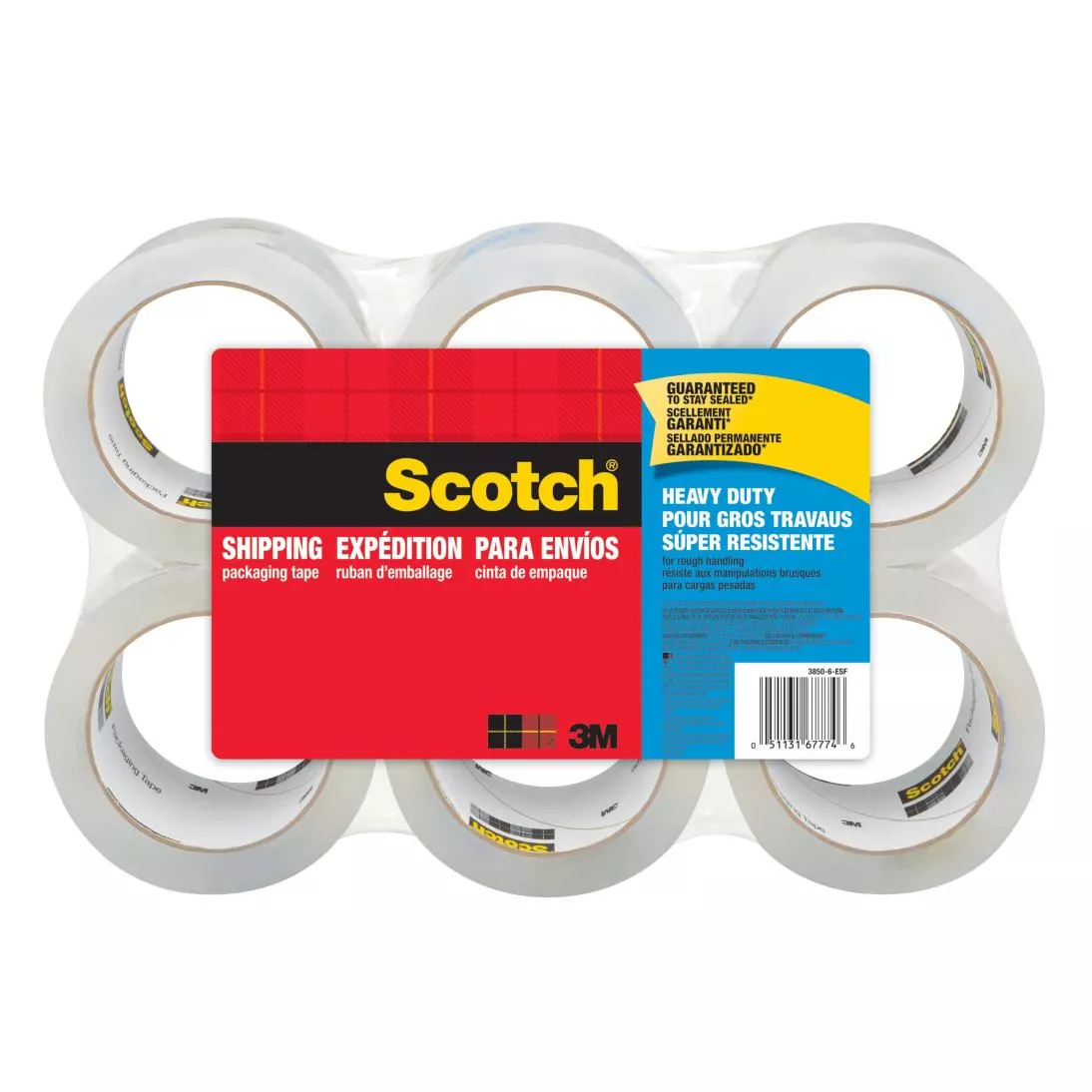 Scotch® Packaging Tape 3850-6-EF, 1.88 in x 54.6 yd (48mm x 50 m) Heavy Duty Shipping, 6 Pack