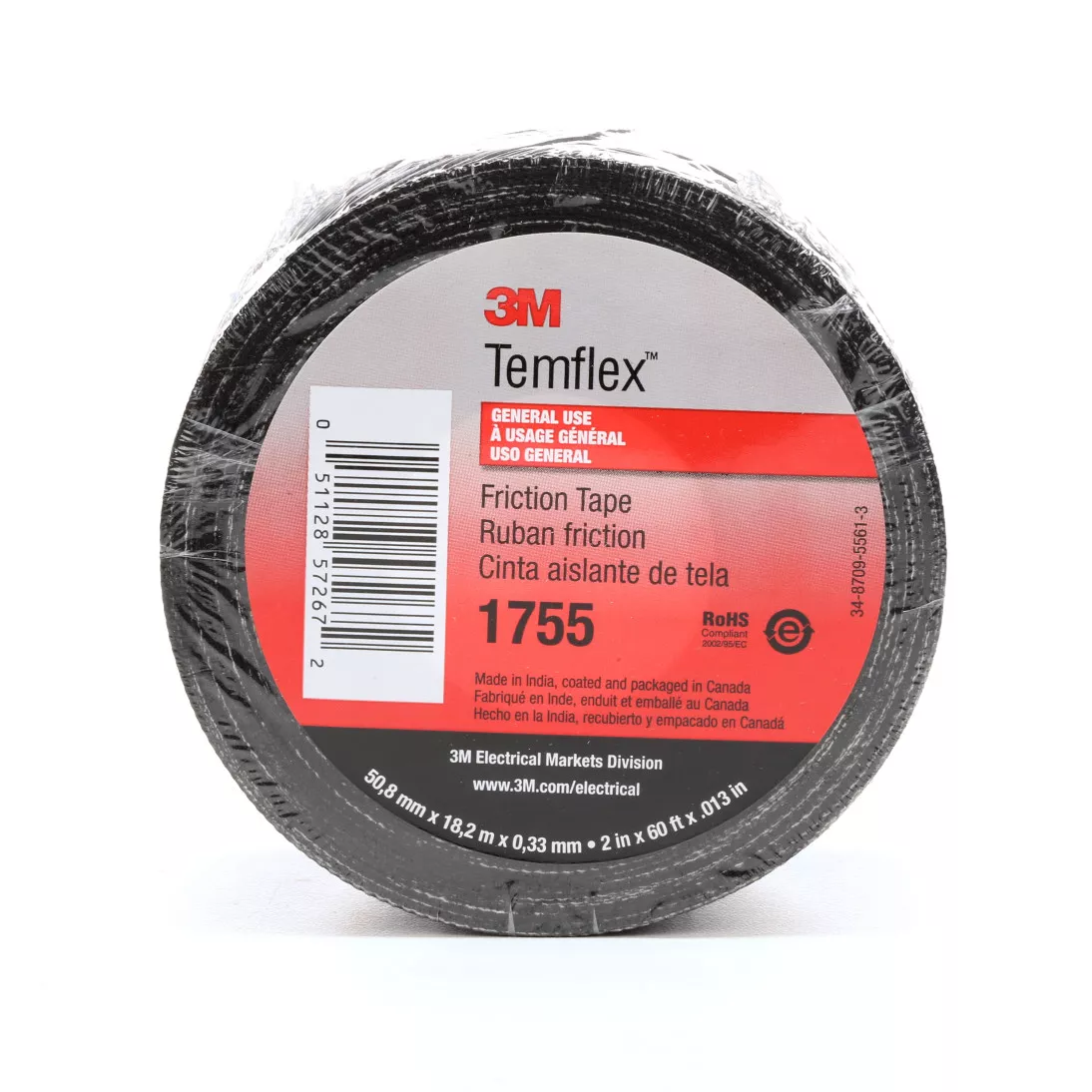 3M™ Temflex™ Cotton Friction Tape 1755, 2 in x 60 ft, Black, 30
rolls/Case