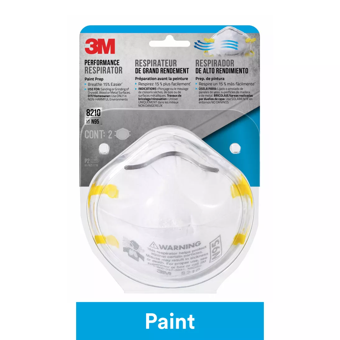 3M™ Performance Paint Prep Respirator N95 Particulate, 8210P2-DC, 2
eaches/pack, 12 packs/case