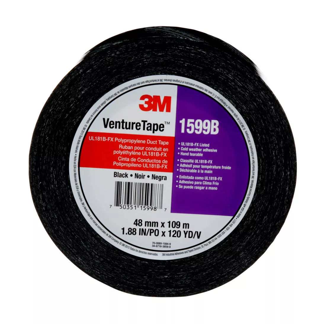 3M™ Venture Tape™ UL181B-FX Polypropylene Duct Tape 1599B, Black, 48 mm
x 109.7 m, 3 mil, 24 rolls per case