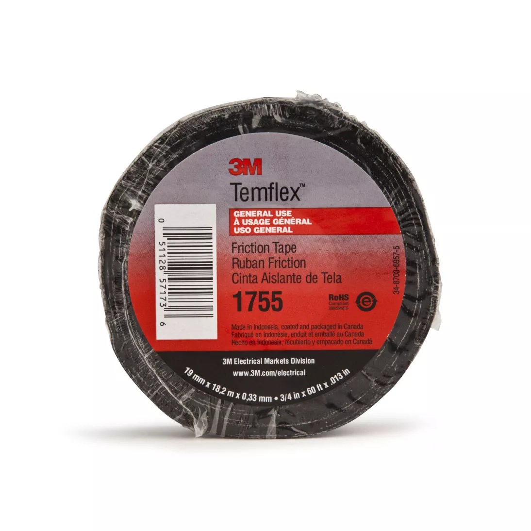 3M™ Temflex™ Cotton Friction Tape 1755, 3/4 in x 82-1/2 ft, Black, 60
rolls/Case