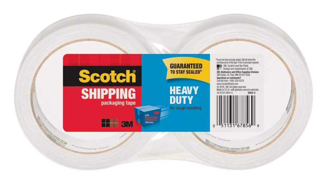 Scotch® Heavy Duty Shipping Packaging Tape, 3850-2, 1.88 in x 54.6 yd
(48 mm x 50 m), 2 Pack