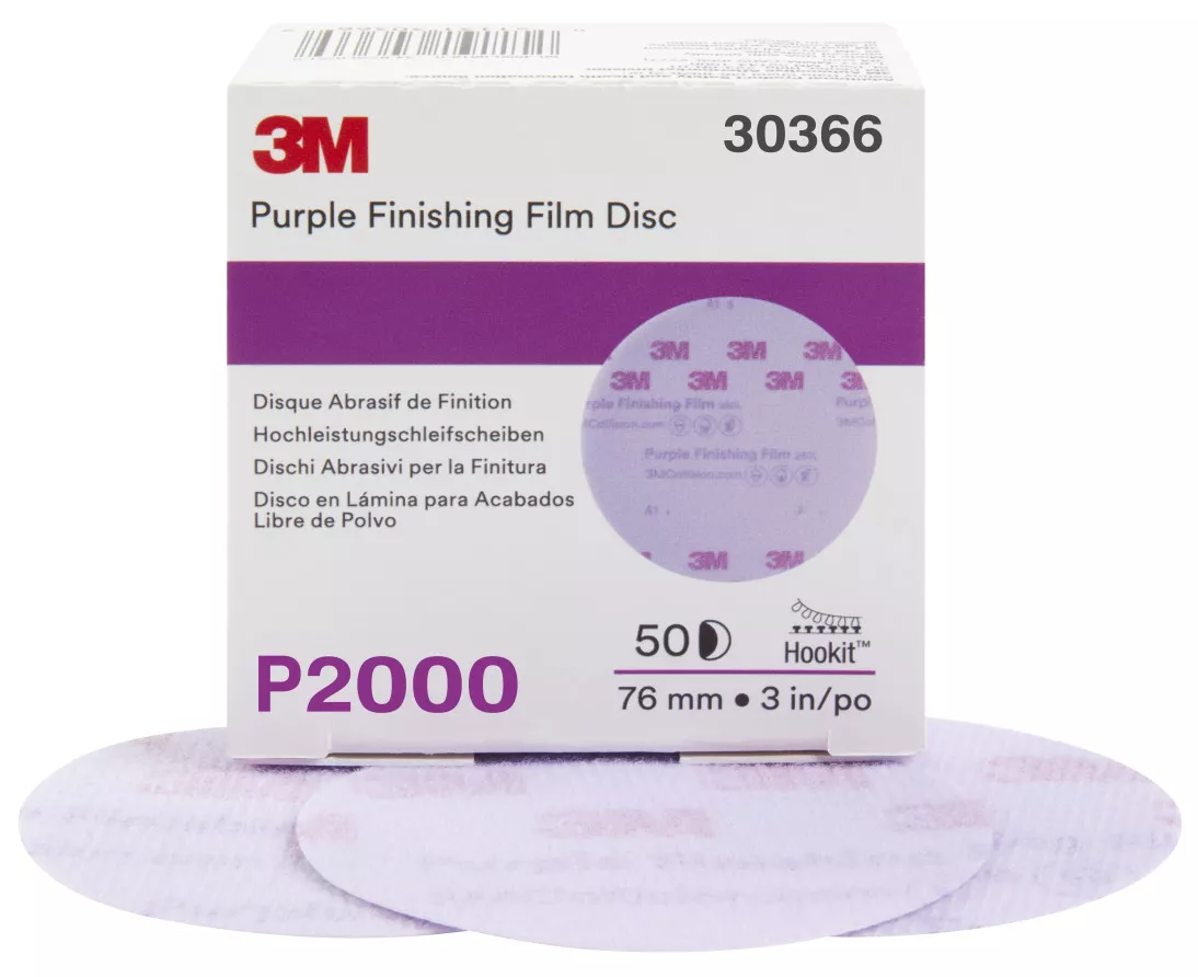 3M™ Hookit™ Purple Finishing Film Abrasive Disc 260L, 30366, 3 in,
P2000, 50 discs per carton, 4 cartons per case