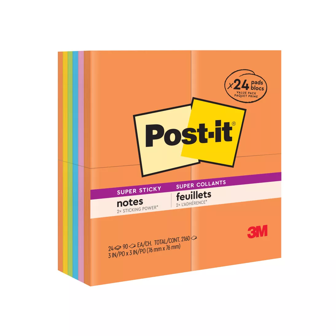 Post-it® Super Sticky Notes 654-24SSAU, 3 in x 3 in (76 mm x 76 mm), Rio de Janeiro Colors