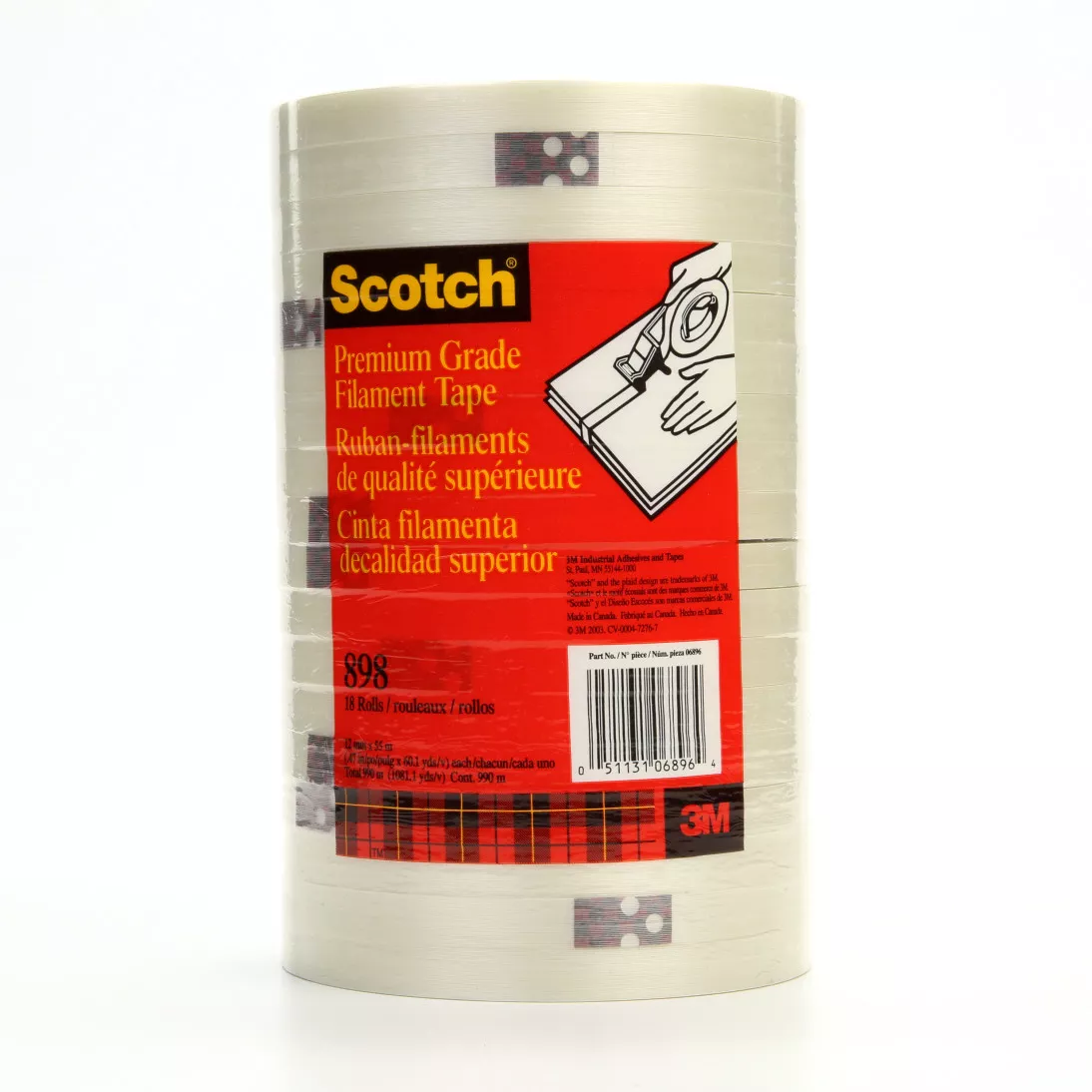 Scotch® Filament Tape 898, Clear, 12 mm x 55 m, 6.6 mil, 72 Rolls/Case