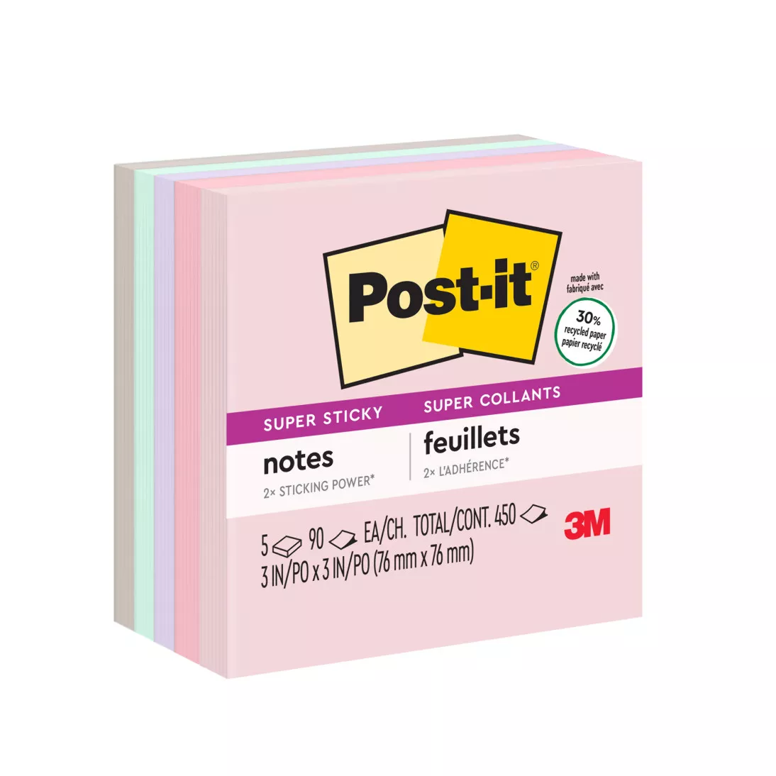 Post-it® Super Sticky Recycled Notes 654-5SSNRP, 3 in x 3 in (76 mm x 76
mm) Bali Collection