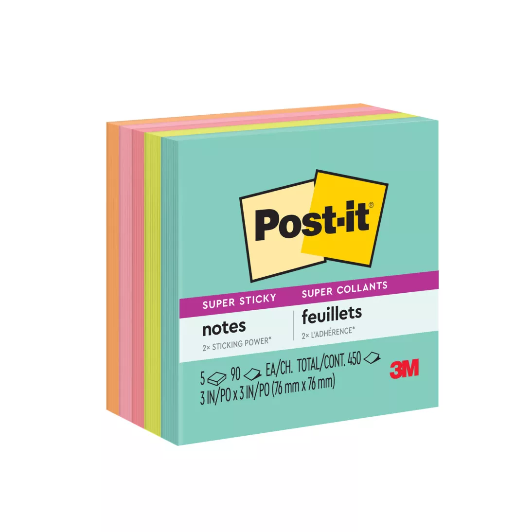 Post-it® Super Sticky Notes 654-5SSMIA, 3 in x 3 in (76 mm x 76 mm),
Miami Collection, 5 Pads/Pack, 90 Sheets/Pad