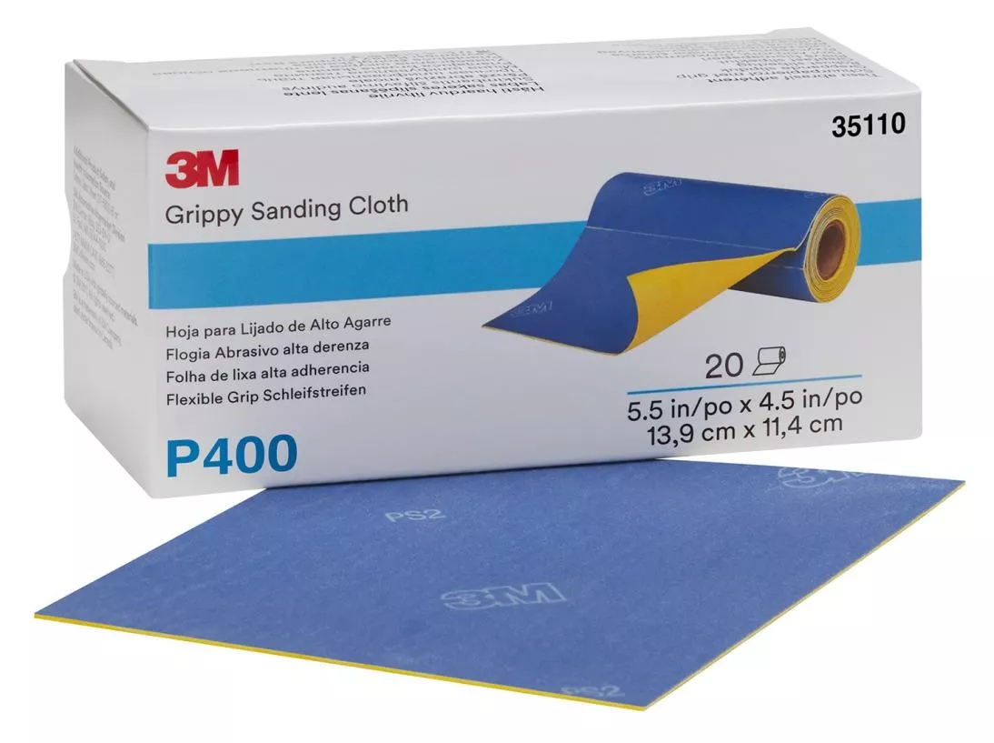3M™ Grippy Sanding Cloth 35110, P400 Grade, 5.5 in x 4.5 in, 20
Sheets/Roll, 4 Rolls/Case