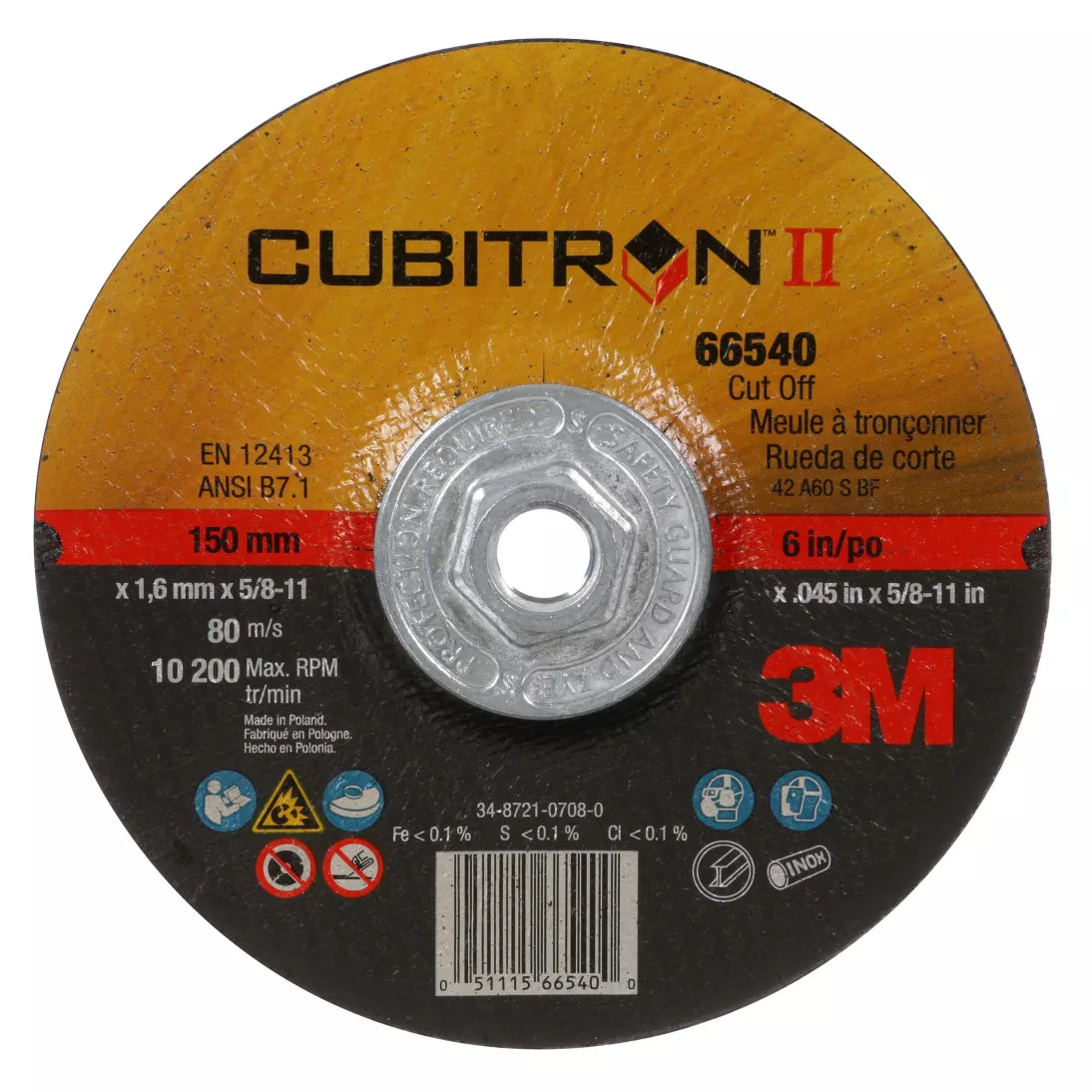 3M™ Cubitron™ II Cut-Off Wheel, 66540, T27 Quick Change, 6 in x .045 in
x 5/8 in-11 in, 25/Inner, 50 ea/Case