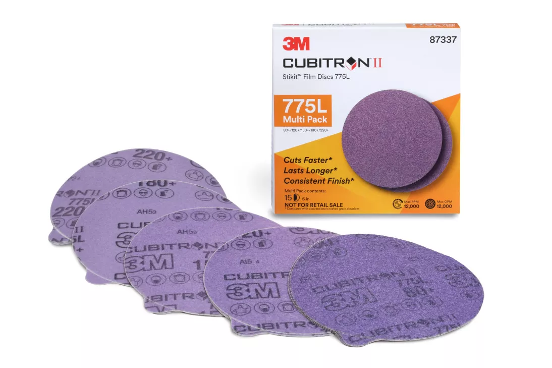 3M™ Cubitron™ II Stikit™ Film Disc 775L, 87337, 5 in x NH, 80+ to 220+,
20 Packs/Case, Multi-pack