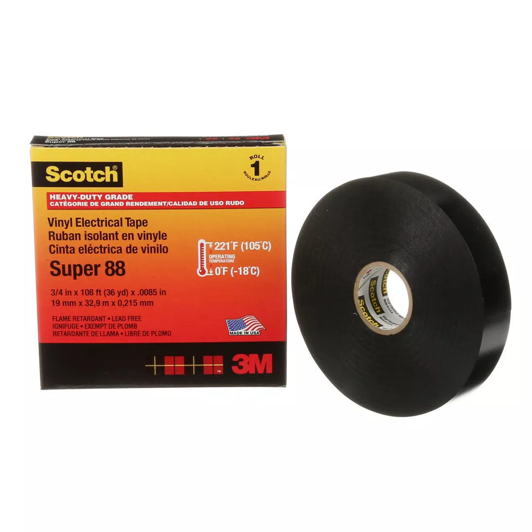 Scotch® Vinyl Electrical Tape Super 88, 3/4 in x 36 yd, Black, 12
rolls/carton, 48 rolls/Case