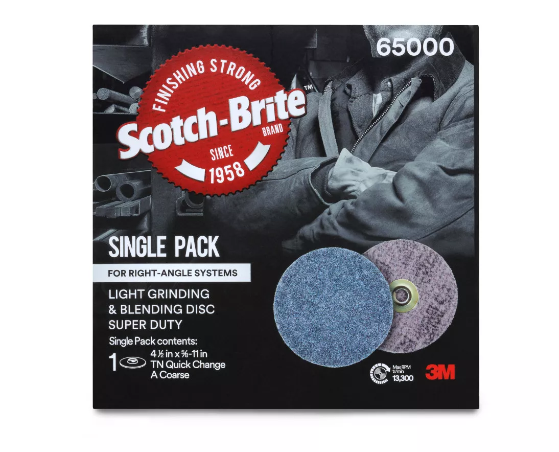Scotch-Brite™ Light Grinding and Blending TN Quick Change Disc, 65000,
GB-DN, Super Duty A Coarse, 4-1/2 in, Single Pack, 10/Case