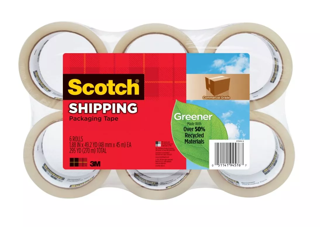 Scotch® Greener Commercial Grade Shipping Packaging Tape 3750G-6, 1.88
in x 49.2 yd (48 mm x 45 m)