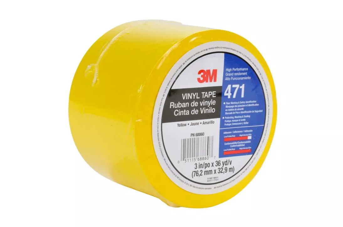 3M™ Vinyl Tape 471, Yellow, 3 in x 36 yd, 5.2 mil, 12 Roll/Case, Individually Wrapped Conveniently Packaged
