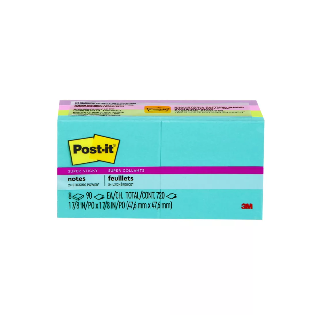 Post-it® Super Sticky Notes 622-8SSMIA, 1 7/8 in x 1 7/8 in (47,6 mm x
47,6 mm), Miami Collection, 8 Pads/Pack, 90 Sheets/Pad