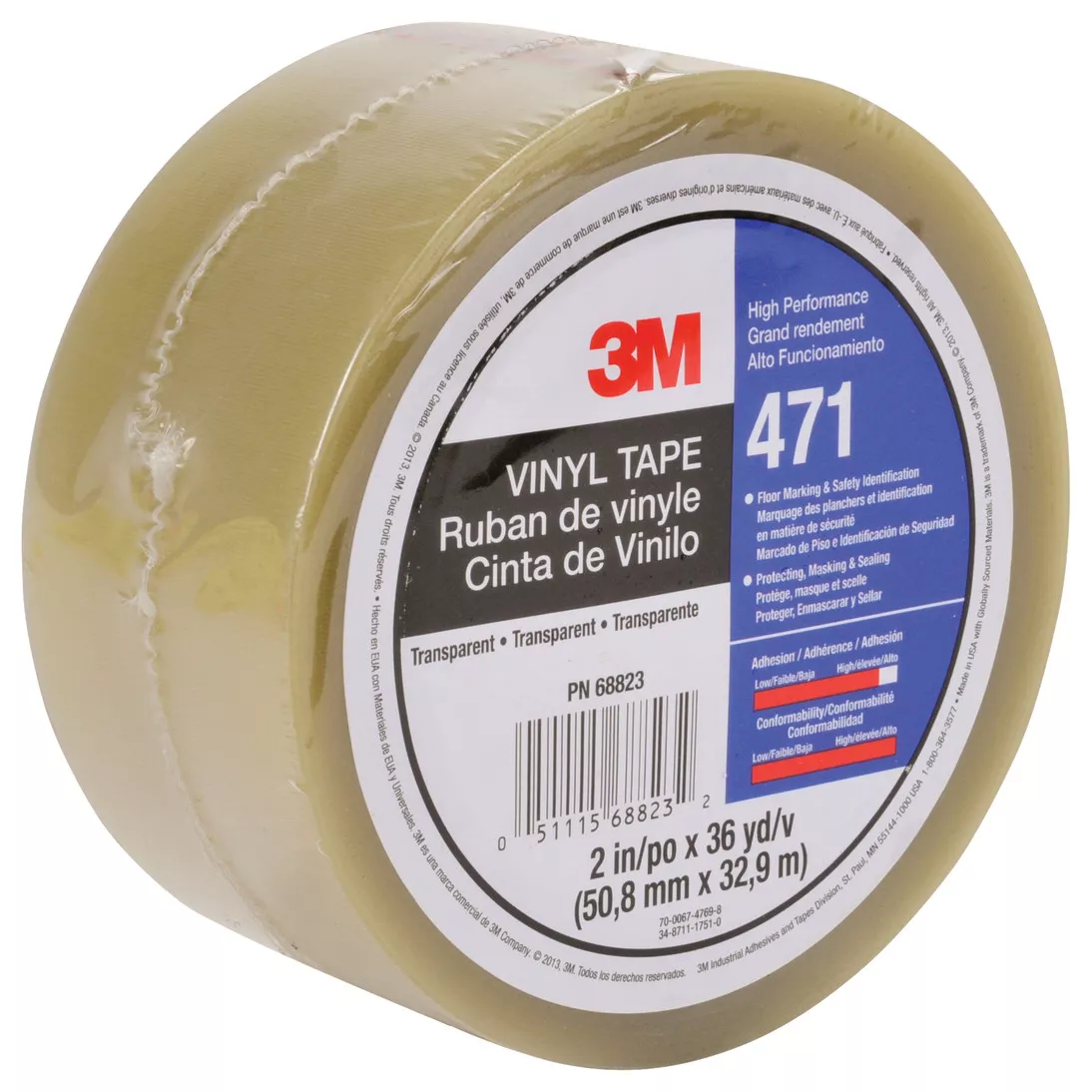 3M™ Vinyl Tape 471, Transparent, 2 in x 36 yd, 5.2 mil, 24 rolls per
case, Individually Wrapped Conveniently Packaged