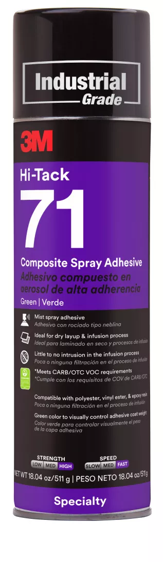 3M™ Hi-Tack Composite Spray Adhesive 71, Green, 24 fl oz Can (Net Wt
18.04 oz), 12/Case