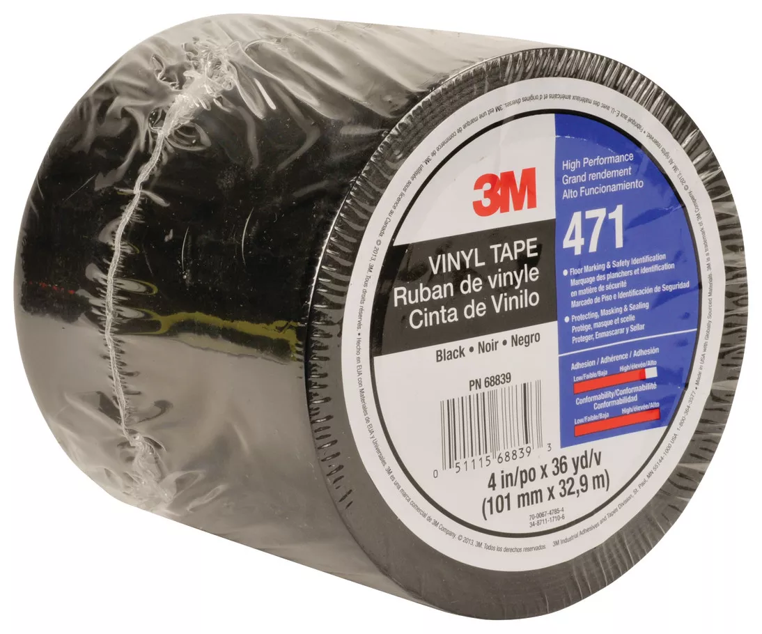 3M™ Vinyl Tape 471, Black, 4 in x 36 yd, 5.2 mil, 8 rolls per case,
Individually Wrapped Conveniently Packaged