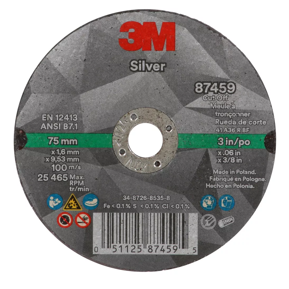 3M™ Silver Cut-Off Wheel, 87459, T1, 3 in x .060 in x 3/8 in, 25 per
inner 50 per case