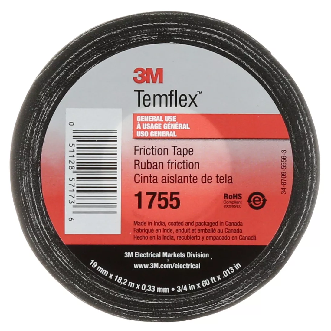3M™ Temflex™ Cotton Friction Tape 1755, 3/4 in x 60 ft, Black, 20
rolls/Case