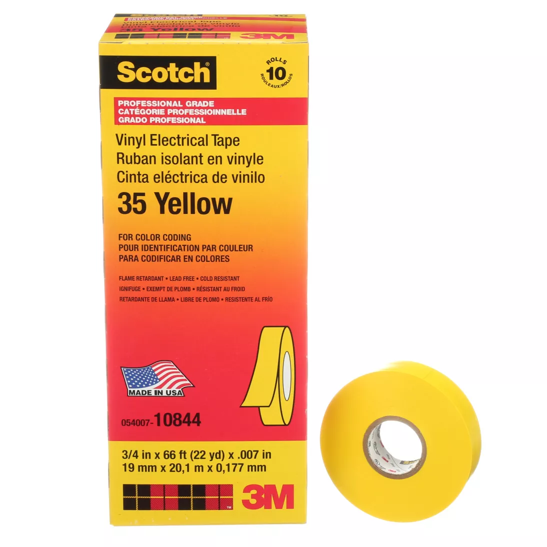 Scotch® Vinyl Color Coding Electrical Tape 35, 3/4 in x 66 ft, Yellow,
10 rolls/carton, 100 rolls/Case