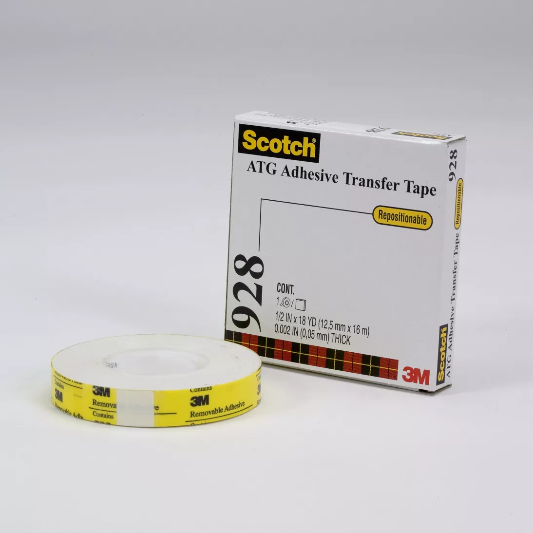 Scotch® ATG Repositionable Double Coated Tissue Tape 928, Translucent
White, 1/4 in x 18 yd, 2 mil, 12 rolls/inner, 6 inners/case