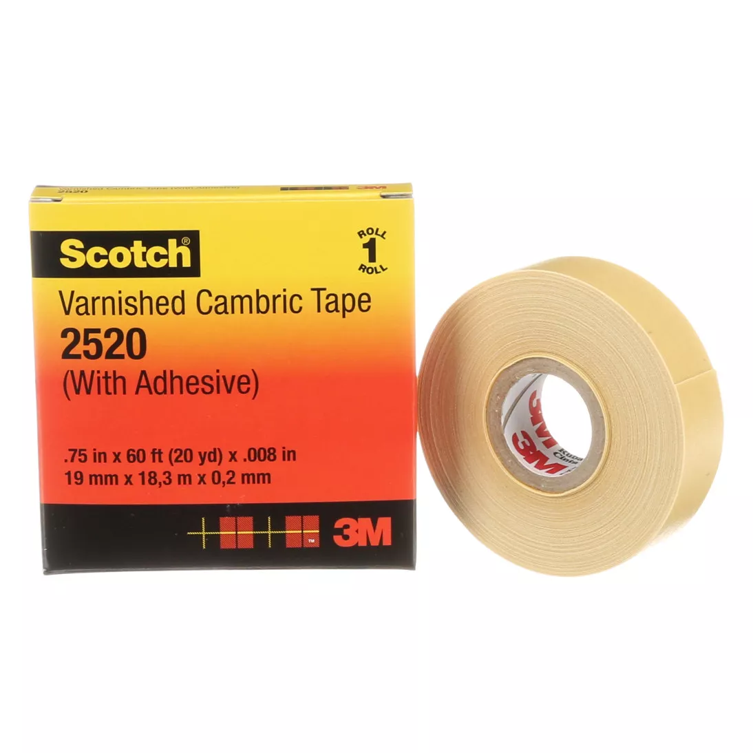 Scotch® Varnished Cambric Tape 2520, 3/4 in x 60 ft, Yellow, 1
roll/carton, 20 rolls/Case