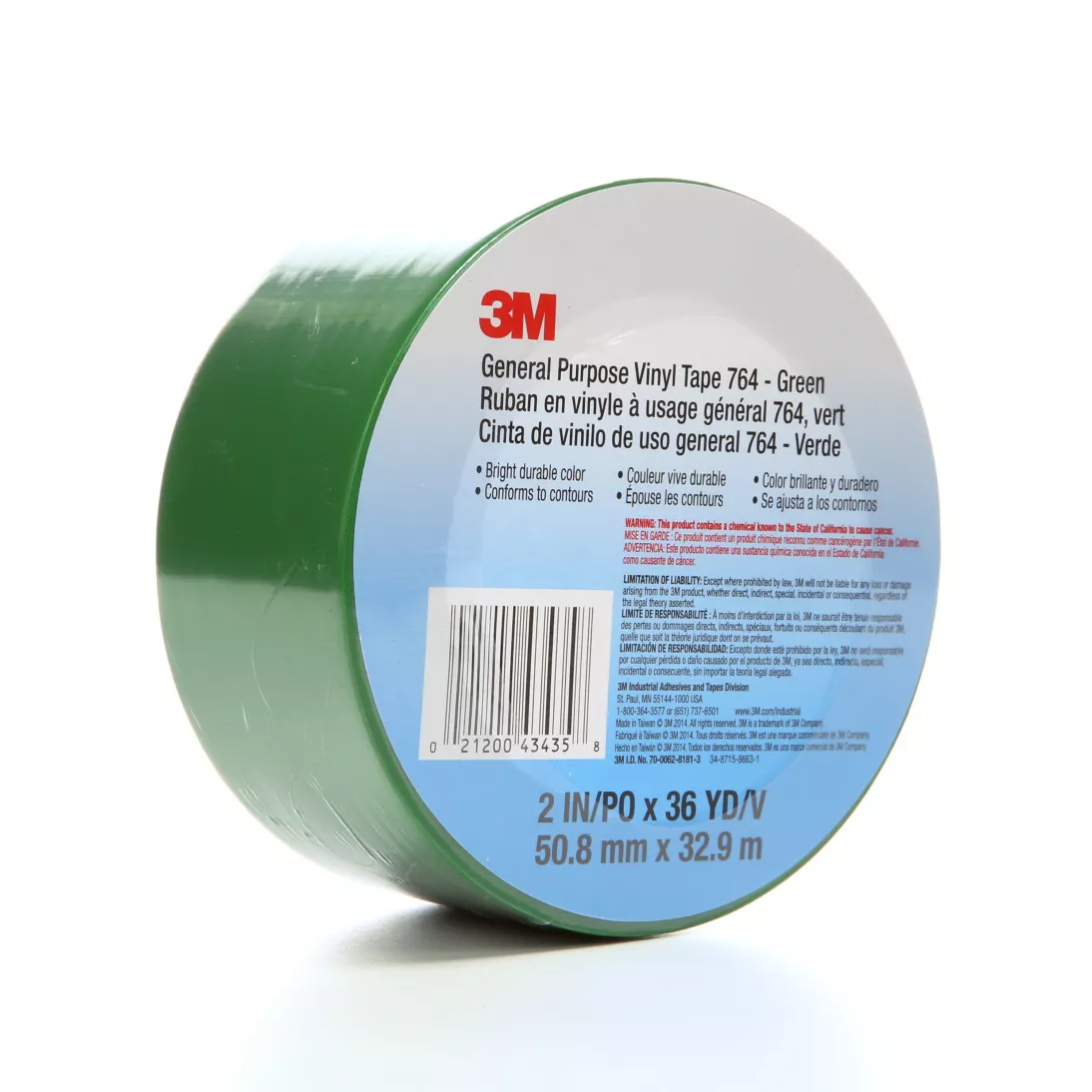 3M™ General Purpose Vinyl Tape 764, Green, 2 in x 36 yd, 5 mil, 24 Roll/Case, Individually Wrapped Conveniently Packaged