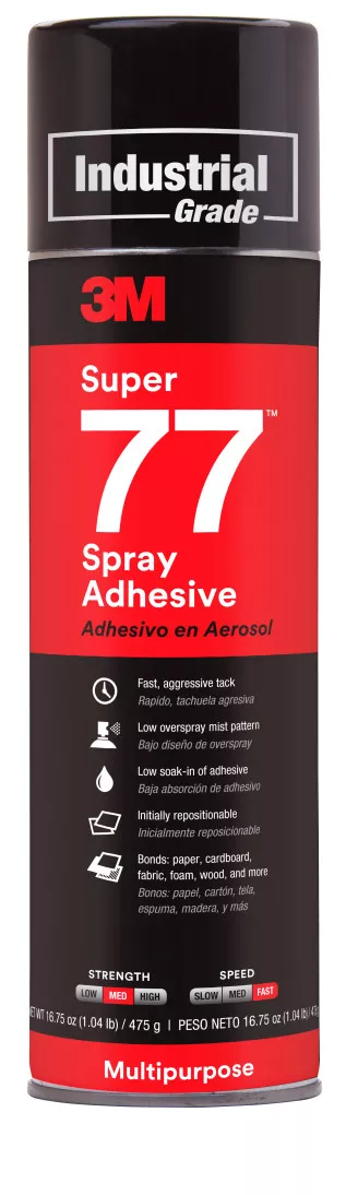 3M™ Super 77™ Multipurpose Spray Adhesive, 24 fl oz Can (Net Wt 16.75
oz), 1/Case, Sample, NOT FOR SALE IN CA AND OTHER STATES