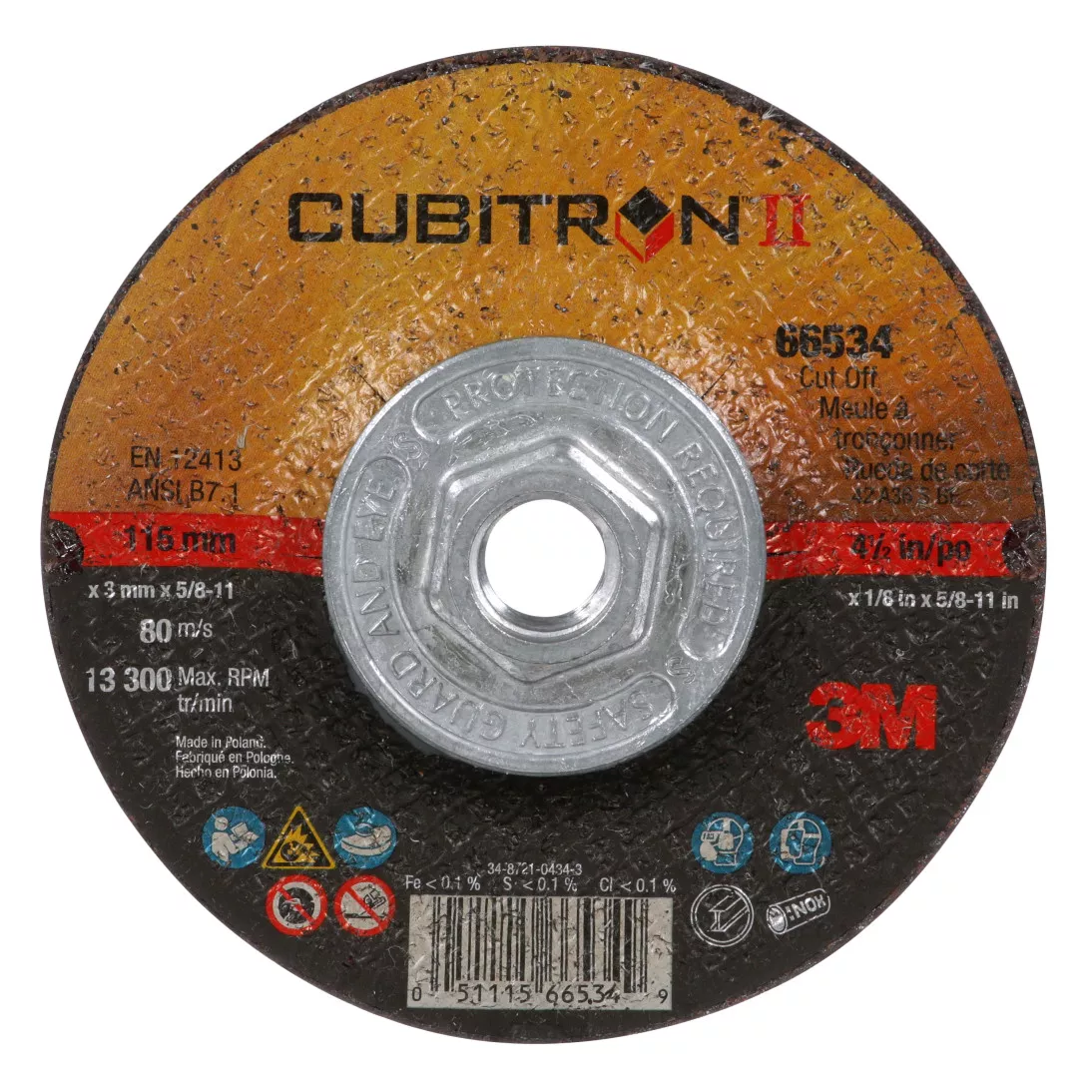3M™ Cubitron™ II Cut-Off Wheel, 66534, T27 Quick Change, 4.5 in x .125
in x 5/8 in-11 in, 25/Inner, 50 ea/Case