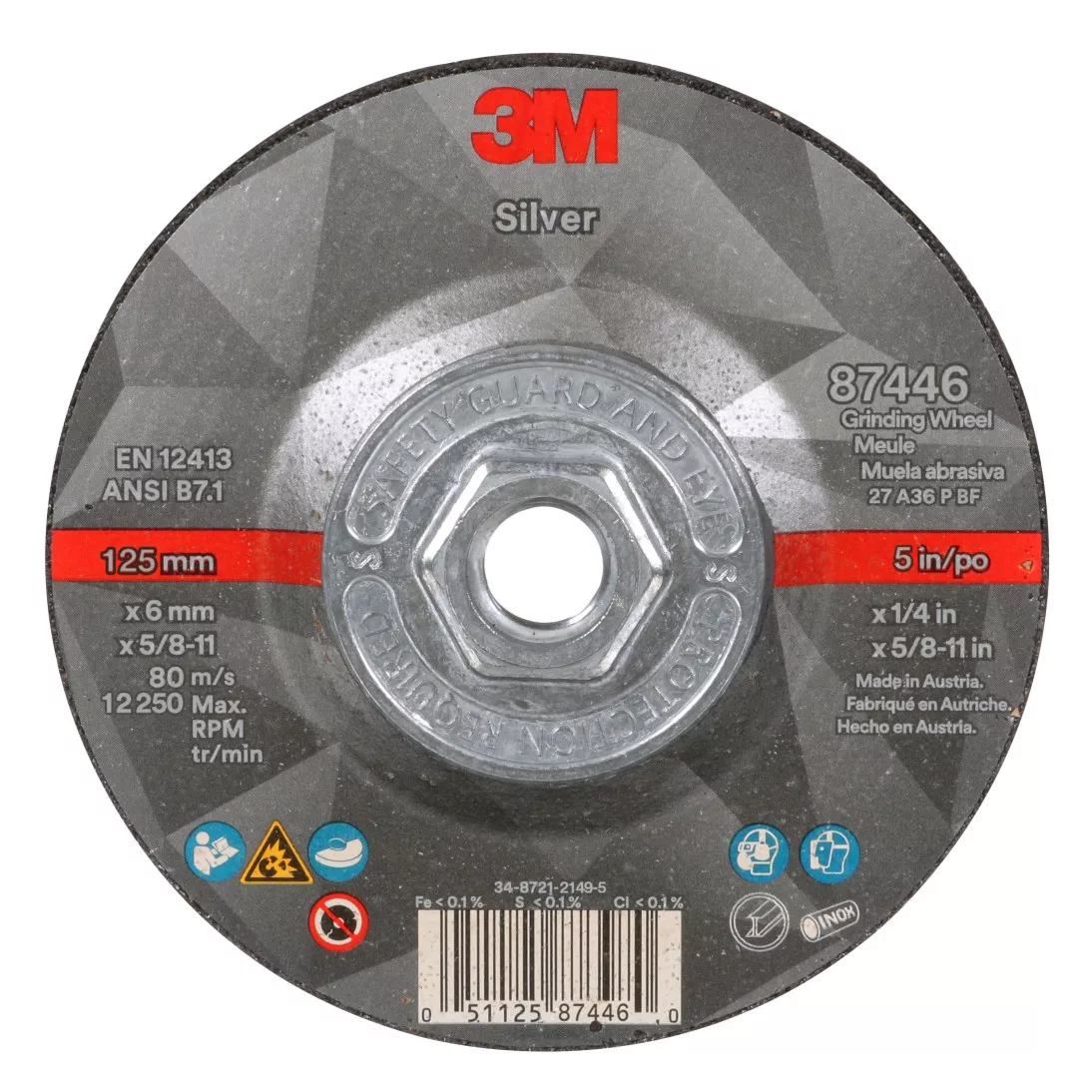 3M™ Silver Depressed Center Grinding Wheel, 87446, T27 Quick Change, 5 x
1/4 x 5/8 in-11 in, 10/Inner, 20 ea/Case