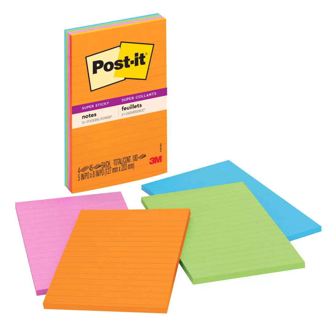 Post-it® Super Sticky Notes 5845-SSUC, 5 in x 8 in (127 mm x 203 mm) Energy Boost, Lined, 4 Pads/Pack