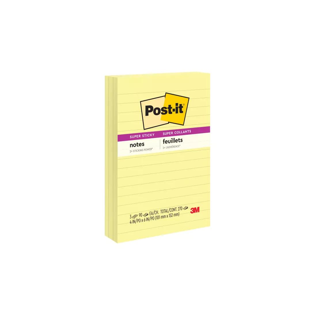 Post-it® Super Sticky Notes 660-3SSCY, 4 in x 6 in (101 mm x 152 mm), Canary Yellow