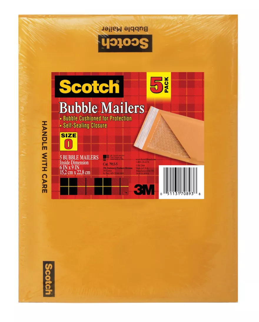 Scotch™ Kraft Bubble Mailer 5-Pack, 7913-5, 6 in x 9 in Size #0