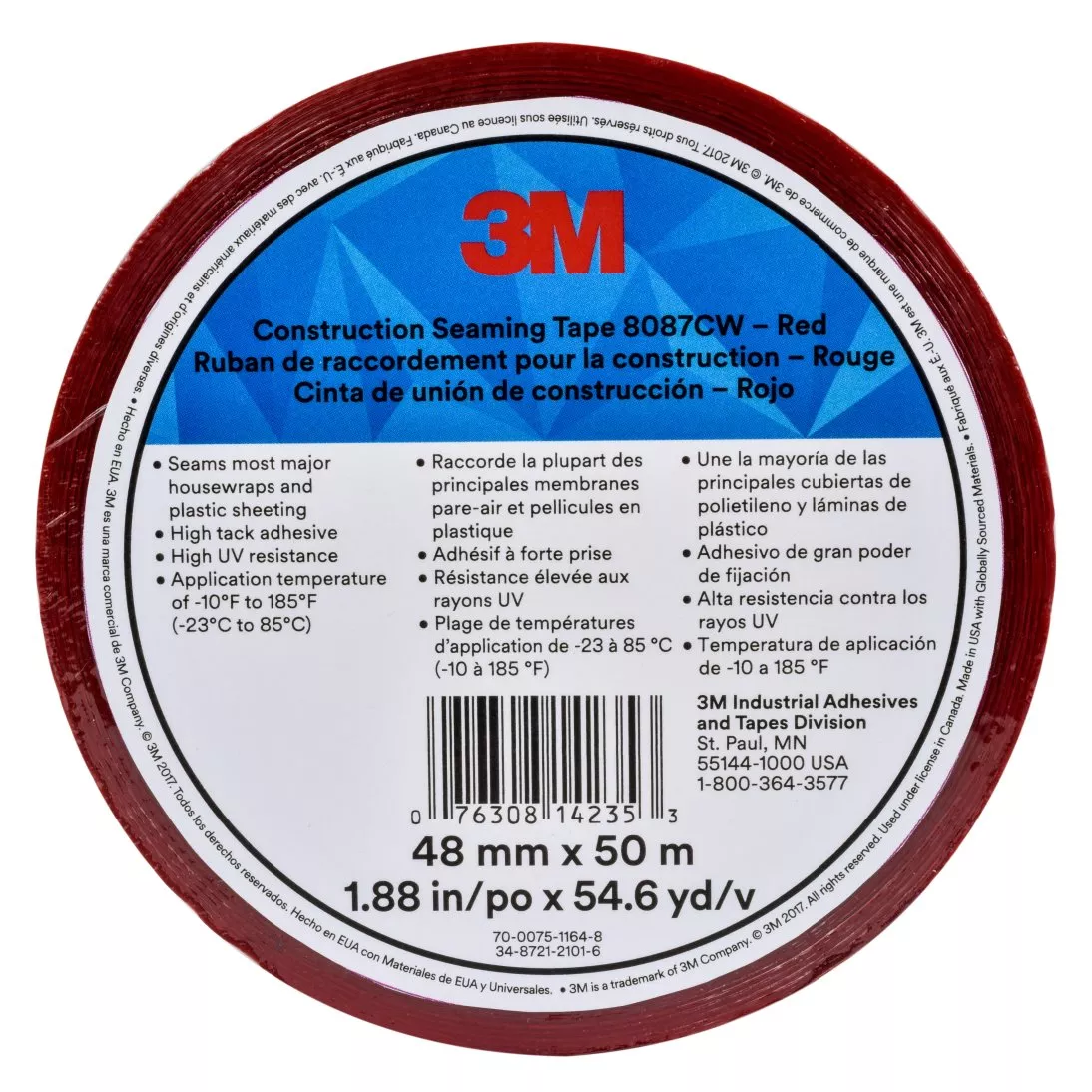 3M™ Construction Seaming Tape 8087CW, Red, 48 mm x 50 m, 24 rolls per
case