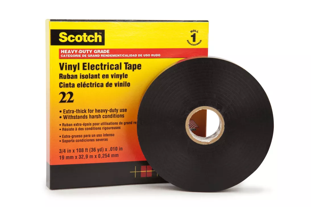 Scotch® Vinyl Electrical Tape 22, 1 in x 36 yd, Black, 12 rolls/carton,
48 rolls/Case