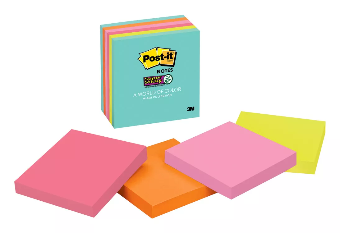 Post-it® Super Sticky Notes 654-6SSMIA, 3 in x 3 in (76 mm x 76 mm), Supernova Neons, 6 Pads/Pack, 65 Sheets/Pad