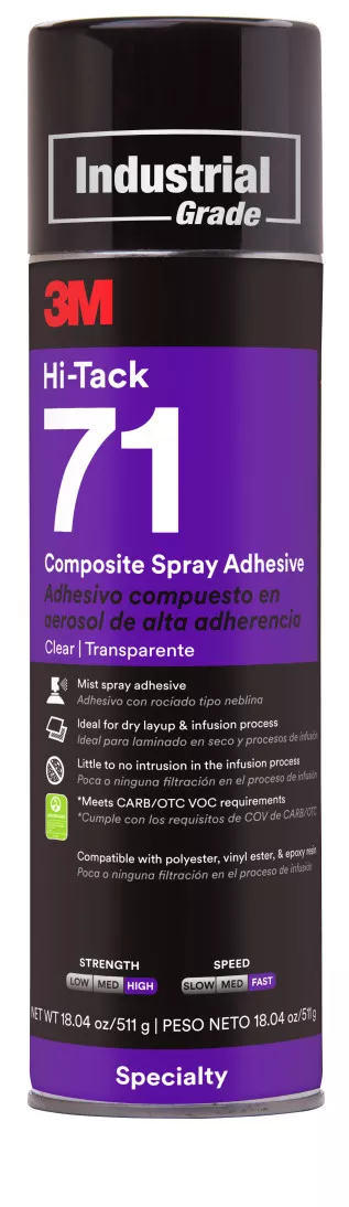 3M™ Hi-Tack Composite Spray Adhesive 71, Clear, 24 fl oz Can (Net Wt
18.04 oz), 12/Case