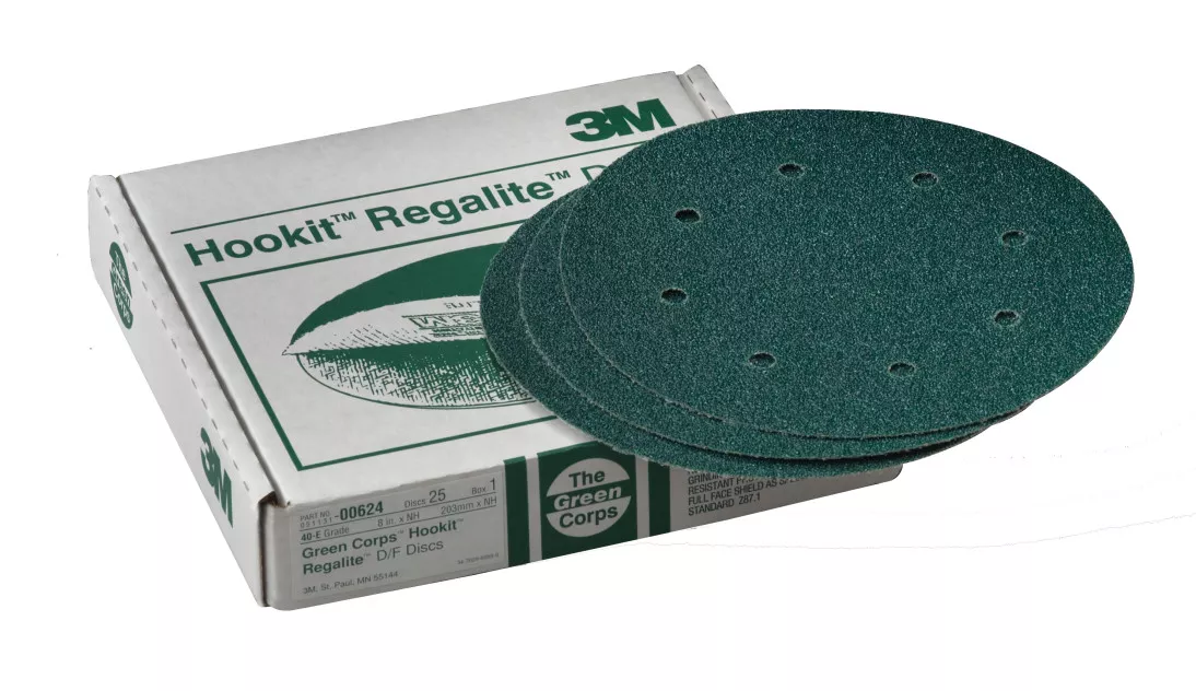 3M™ Green Corps™ Hookit™ Disc Dust Free, 00624, 8 in, 40, 25 discs per
carton, 5 cartons per case