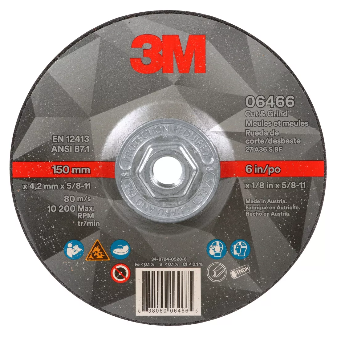 3M™ Cut & Grind Wheel, 06466, Type 27, 6 in x 1/8 in x 5/8