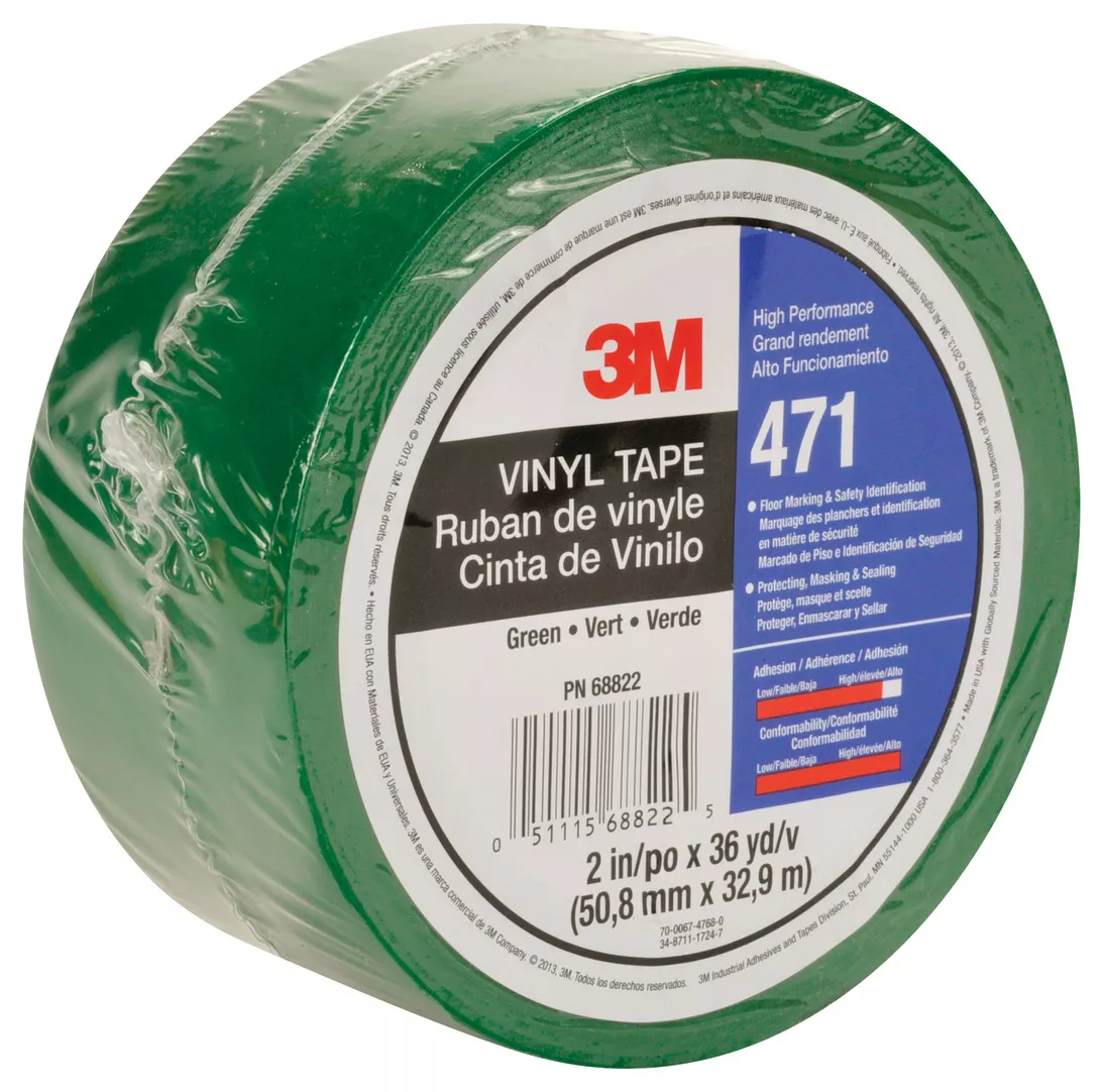 3M™ Vinyl Tape 471, Green, 2 in x 36 yd, 5.2 mil, 24 rolls per case,
Individually Wrapped Conveniently Packaged