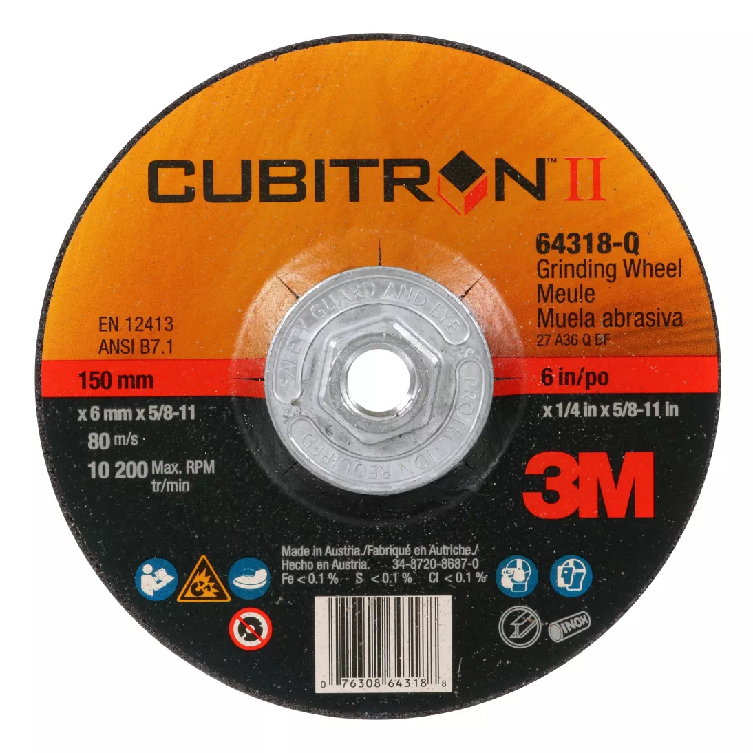 3M™ Cubitron™ II Depressed Center Grinding Wheel, 64318, Quick Change, Type 27, 6 in x 1/4 in x 5/8