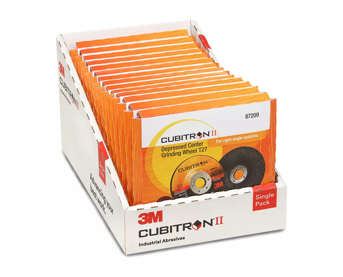 3M™ Cubitron™ II Depressed Center Grinding Wheel, T27 4.5 in x 1/4 in x
7/8 in, Point of Purchase Display 14 per Display, 1 per case