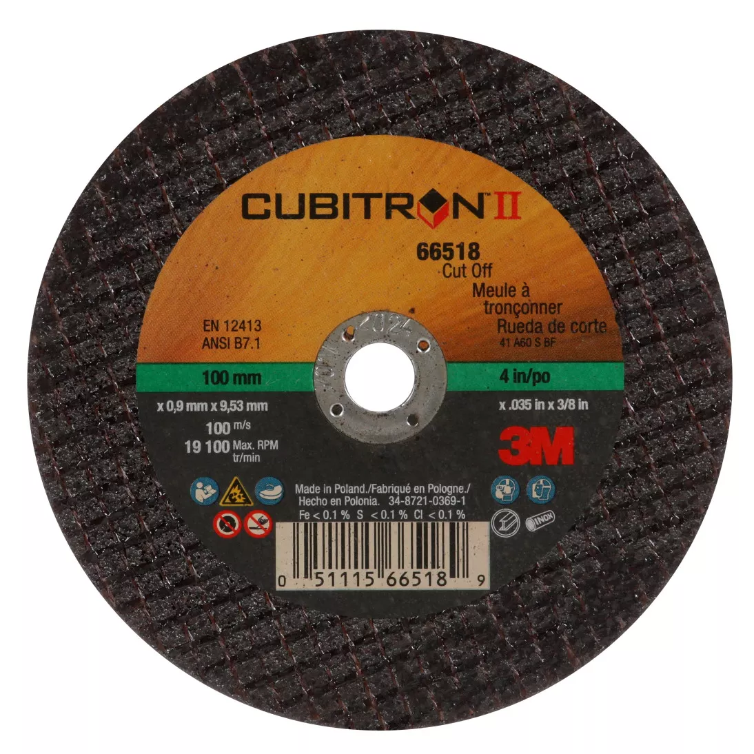 3M™ Cubitron™ II Cut-Off Wheel, 66518, 60, T1, 100 mm x 0.9 mm x 9.53
mm, 25/Inner, 50 ea/Case