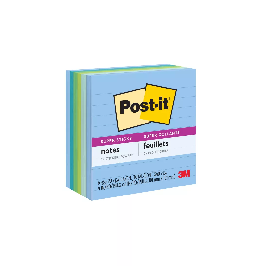 Post-it® Super Sticky Recycled Notes 675-6SST, 4 in x 4 in Bora Bora
Collection, Lined, 6 Pads/Pack, 90 Sheets/Pad
