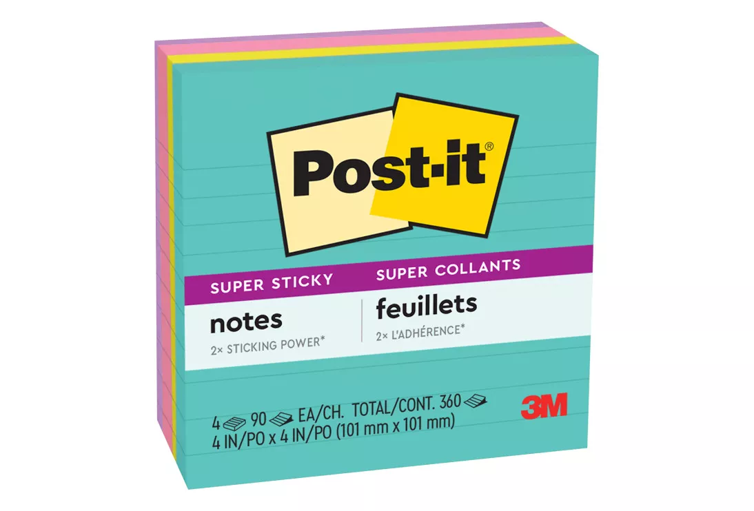 Post-it® Super Sticky Notes 675-4SSMIA, 4 in x 4 in (101 mm x 101 mm), Supernova Neons, 4 Pads/Pack, 90 Sheets/Pad, Lined